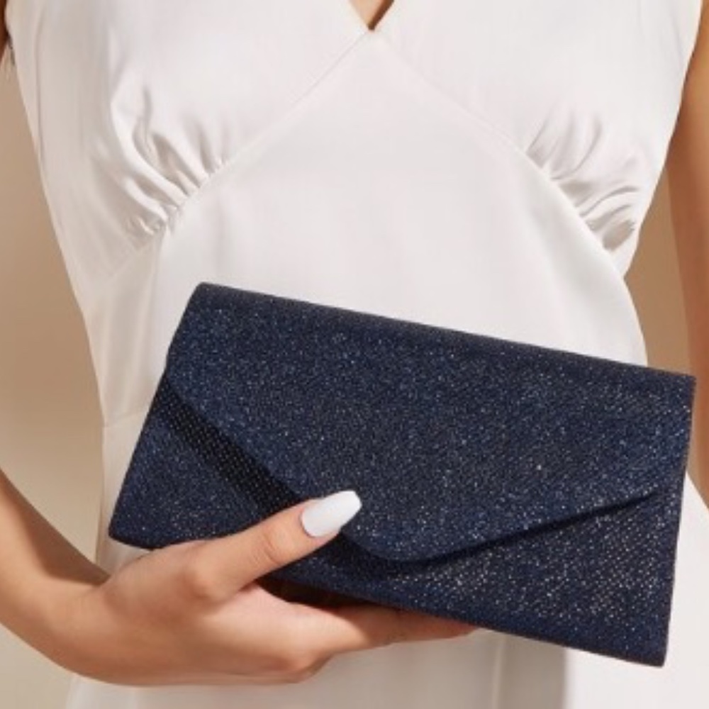 Navy Glitter Flap Handbag With Gold Metal Chain Strap